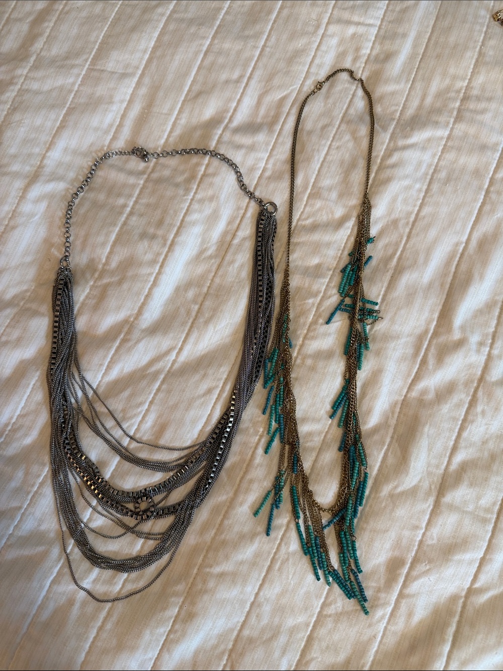Layered Silver Multi-Chain Necklace & Turquoise Bead Fringe Necklace Set